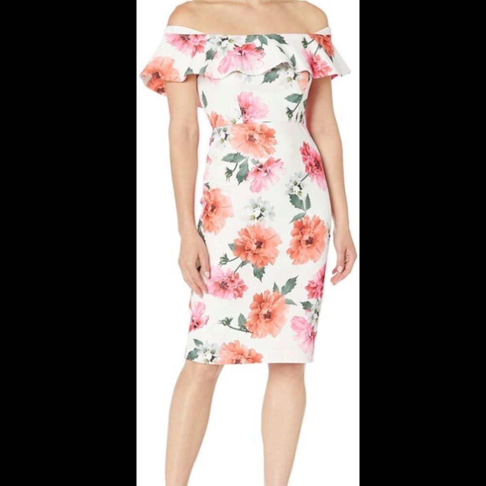 Calvin Klein White Floral Off the Shoulders Dress, Size 6